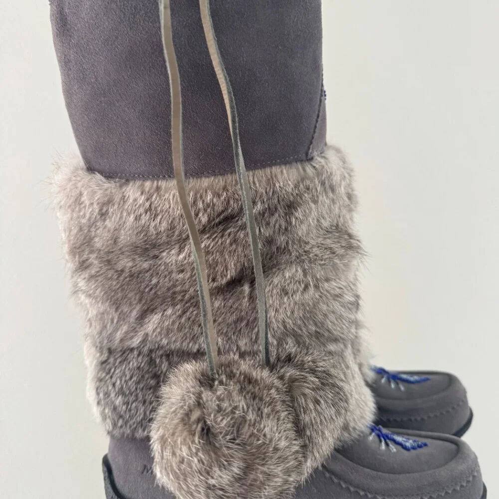 MUKS Beaded Real Fur Mukluks Boots Size 8‎ NEW Grey Alaska Style